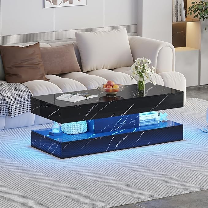 47.2" Two-Tier High-Gloss Coffee Table with LED Lighting