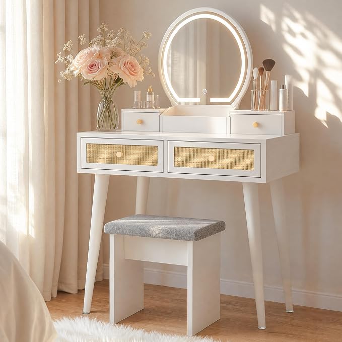 Rattan Vanity with LED Mirror