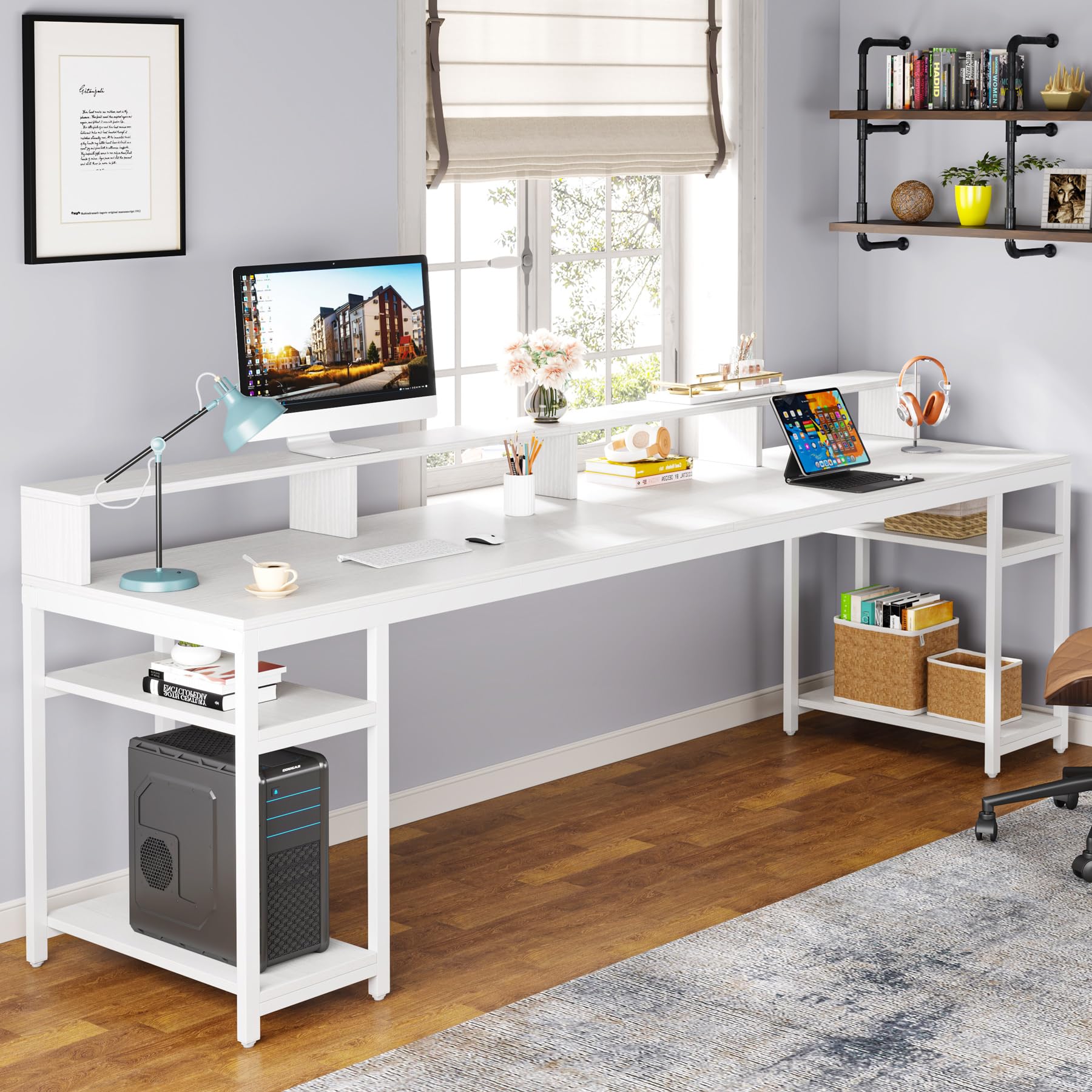 78.74" Double Desk with Monitor Stand & Storage Shelves