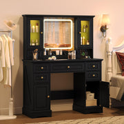 Makeup Vanity Desk with Mirror and Lights, Farmhouse Vanity Table Set with 6 Drawer&Charging Station, Makeup Desk with RGB Cabinets, Black Vanity with Lighted Mirror for Girls Women, 3 Light Modes