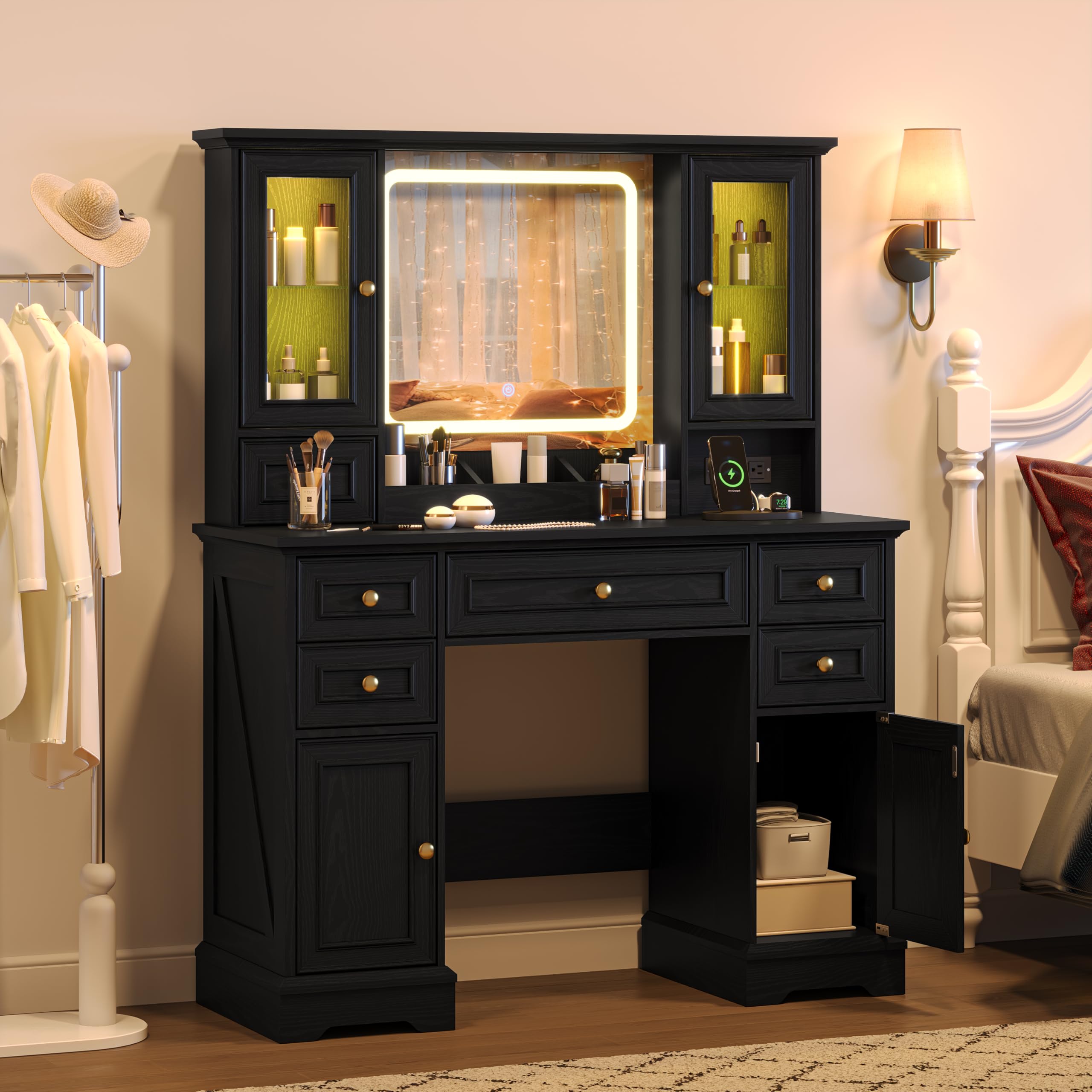 Makeup Vanity Desk with Mirror and Lights, Farmhouse Vanity Table Set with 6 Drawer&Charging Station, Makeup Desk with RGB Cabinets, Black Vanity with Lighted Mirror for Girls Women, 3 Light Modes
