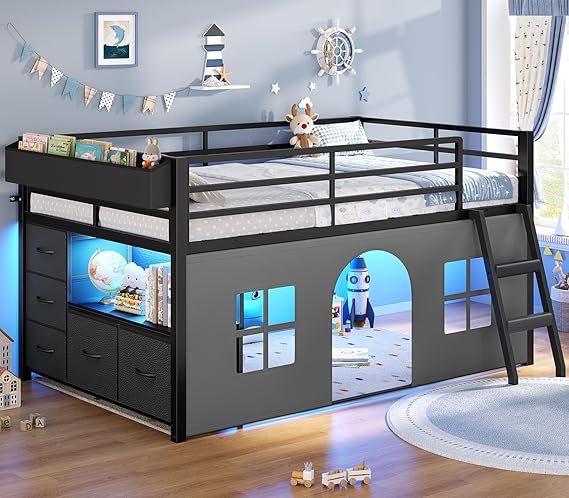Kids Low Loft Bed Twin with Tent, Storage Drawers & LED Lights