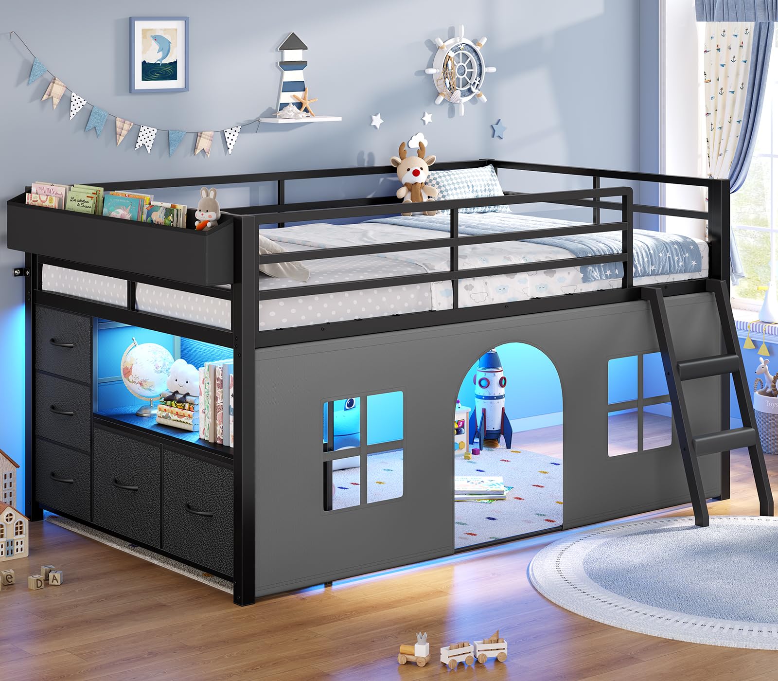 Kids Low Loft Bed with Tent, Storage & LED Lights