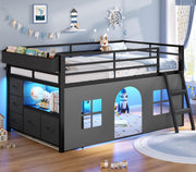 Kids Low Loft Bed with Tent, Storage & LED Lights