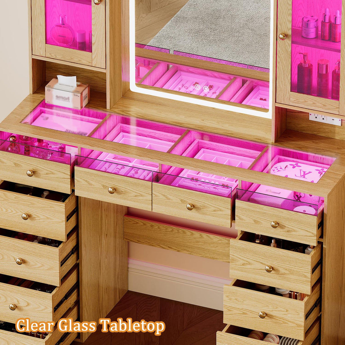 Chrangmay 47" Big Modern Vanity Desk with Mirror and Lights,Makeup Vanity Desk with 12 Drawers and Two PGB Storage cabinets & Power Outlet, Dressing Table with Glass Top, Oak