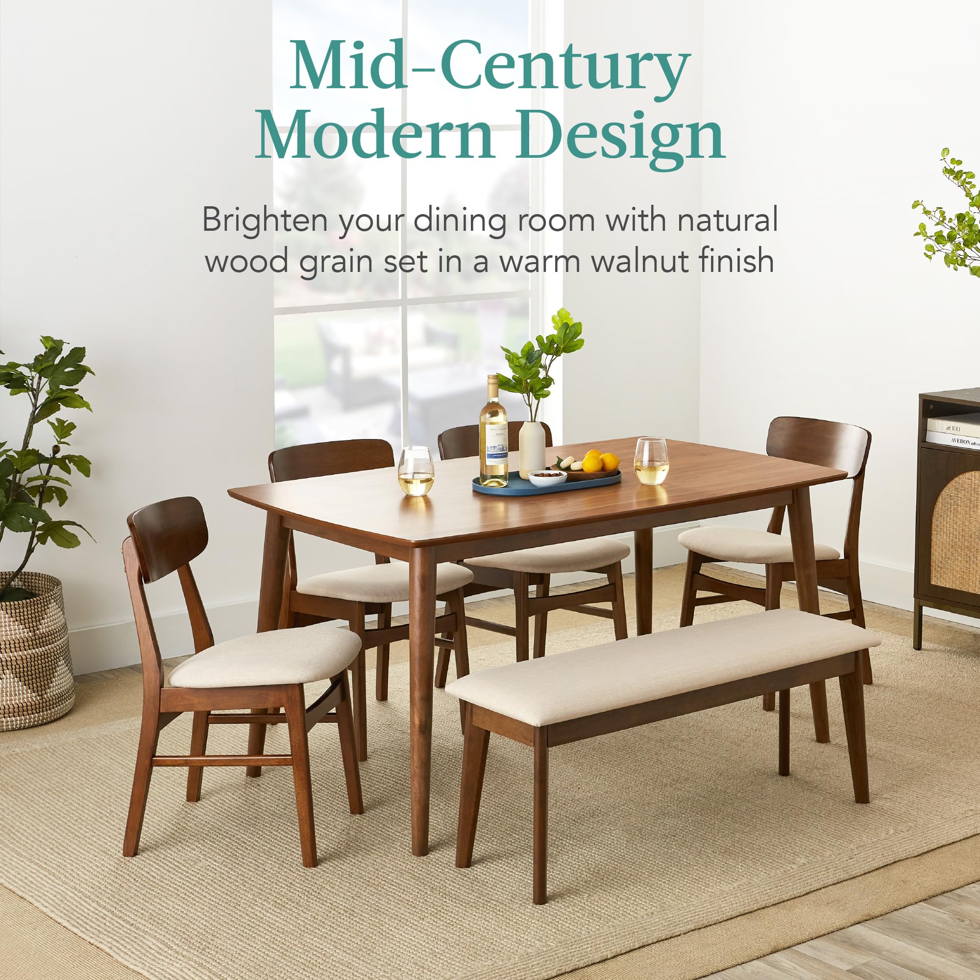 6-Piece Mid-Century Modern Dining Set with Bench