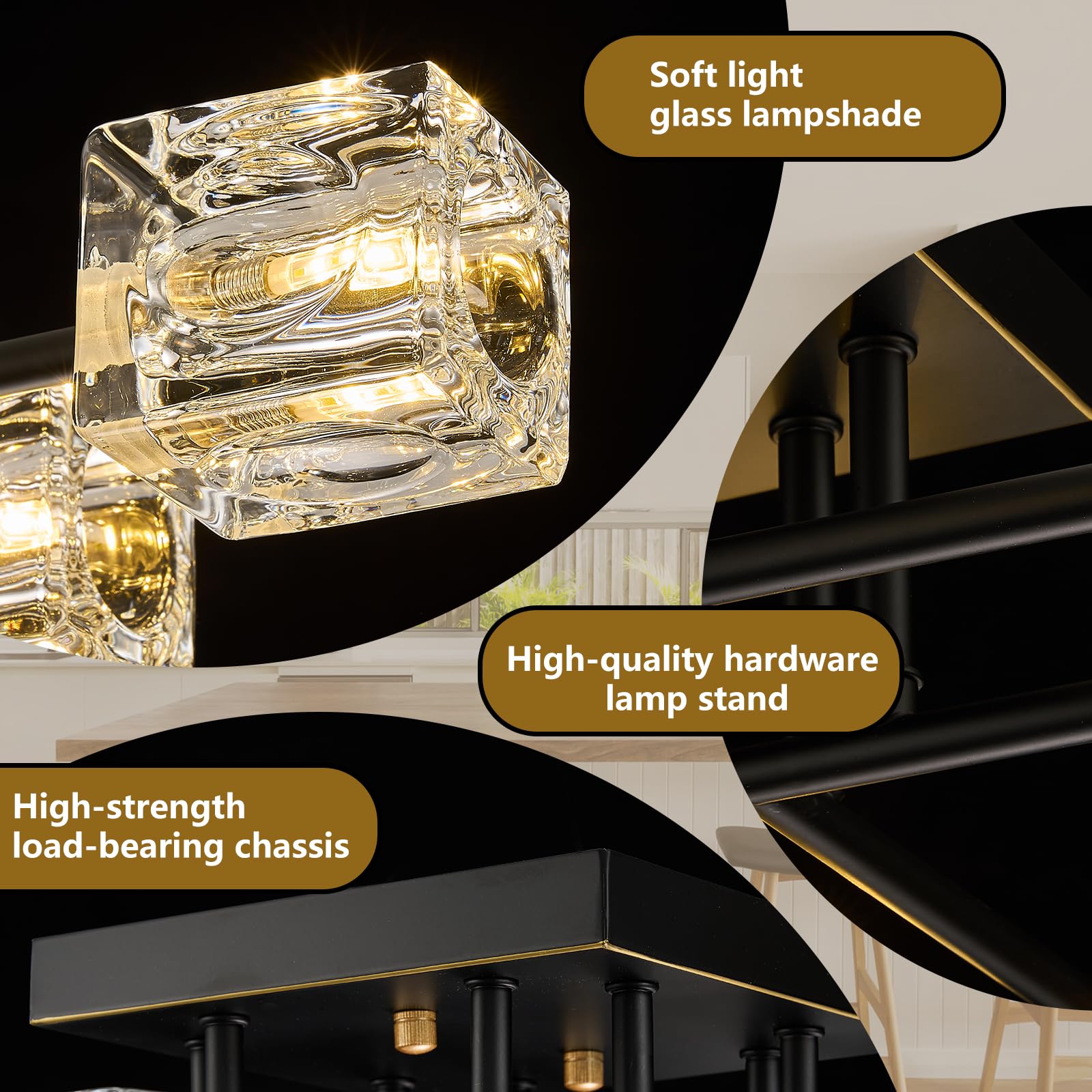 Modern Sputnik Crystal Semi Flush Mount Ceiling Light, 8-Light Black and Gold Crystal Ceiling Fixture for Dining Room, Living Room, Kitchen Island, Bedroom，Entryway