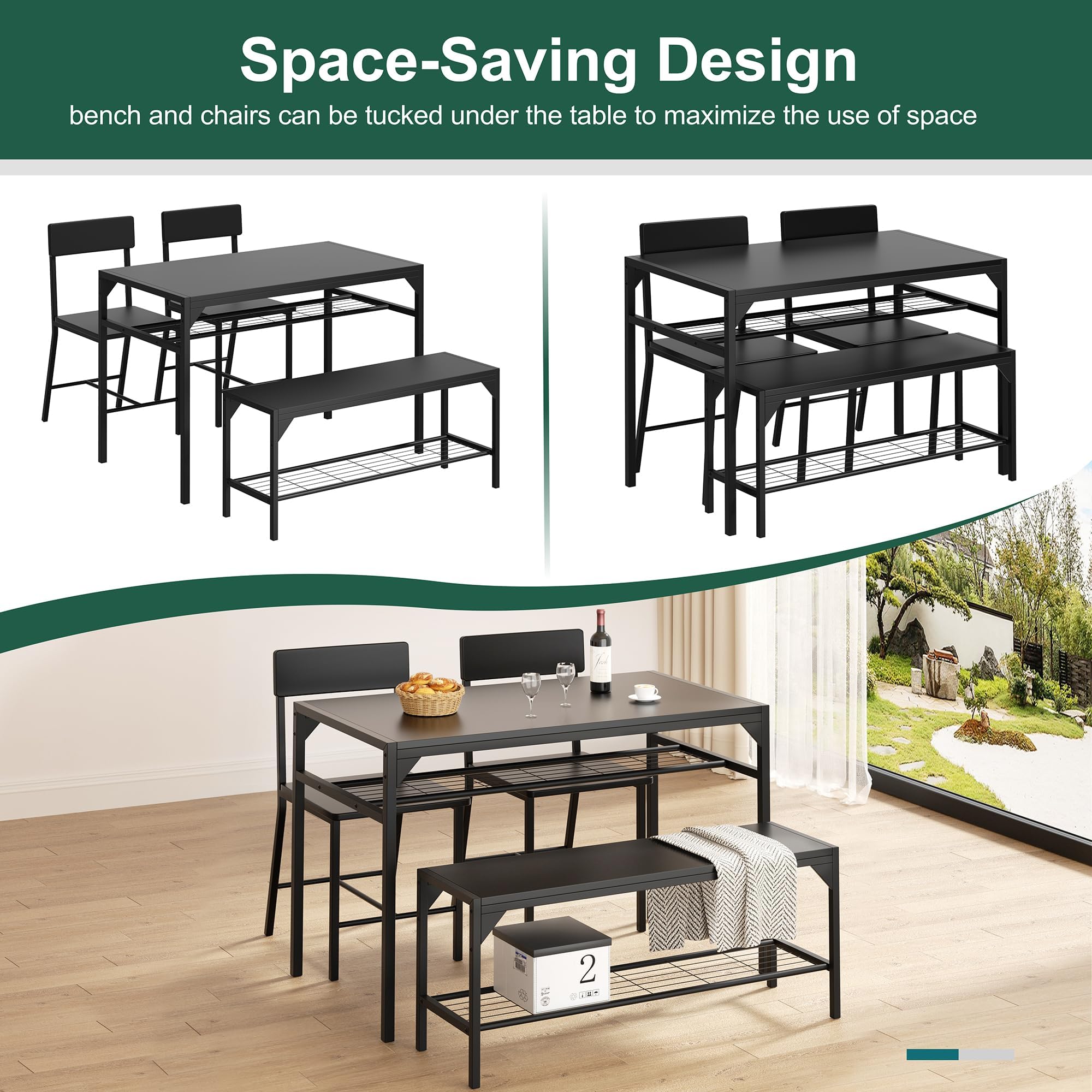 Shintenchi Kitchen Table Chairs Set of 4, Dining Table Set for 4 with Bench and Chairs, 4 Pieces Kitchen Table Set with Storage Rack & Metal Frame for Small Space, Solid Black