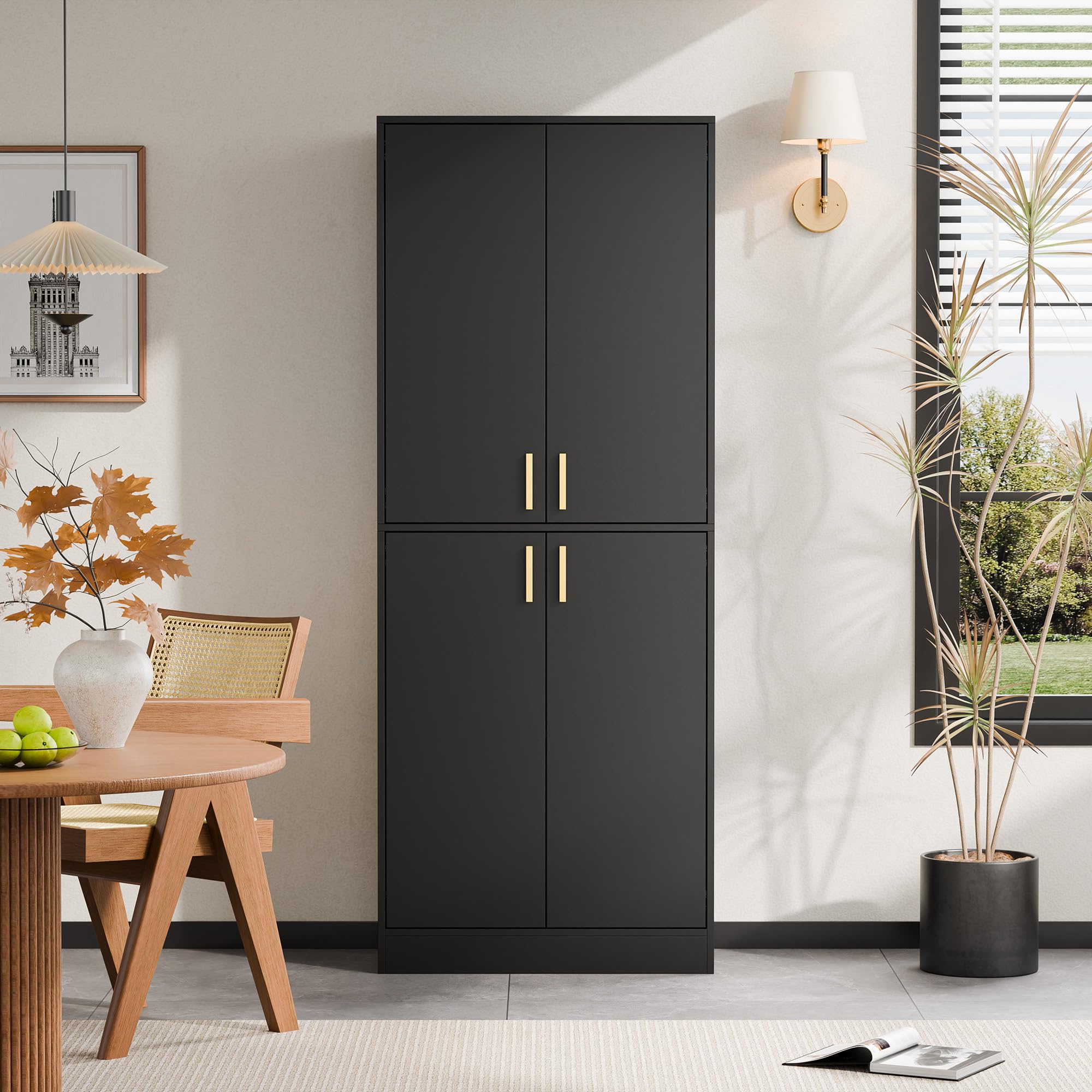 Cozy Castle Kitchen Pantry Cabinet, 71" Tall Wood Storage Cabinet with Doors and Shelves 4 Doors Freestanding Cupboard for Dining Room Living Room Furniture, Black