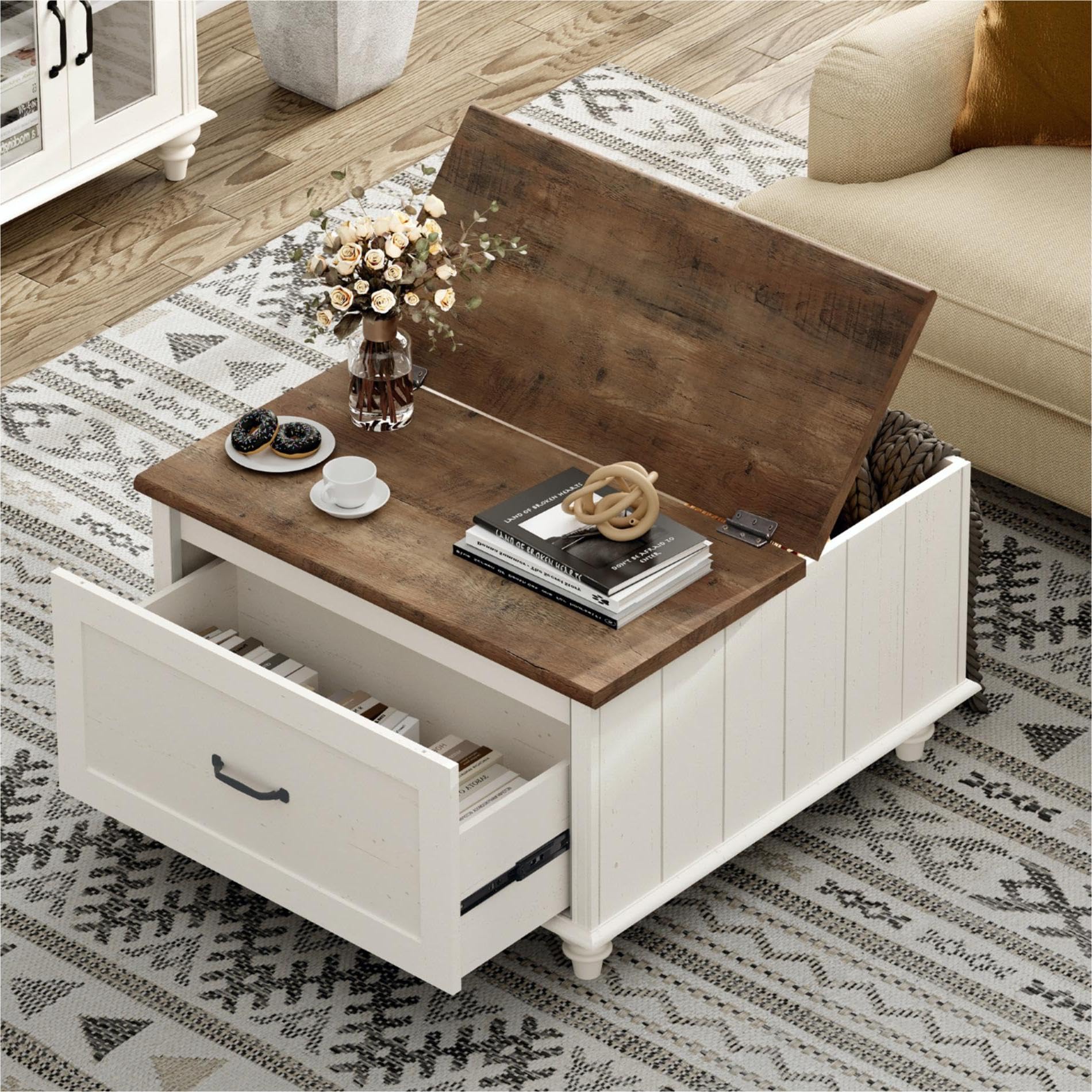 WAMPAT Farmhouse TV Stand and Coffee Table Set of 2, Square Coffee Table with Lift Top & Drawer, White Entertainment Center for 70 Inch TV, 2 Piece Living Room Table Set, White