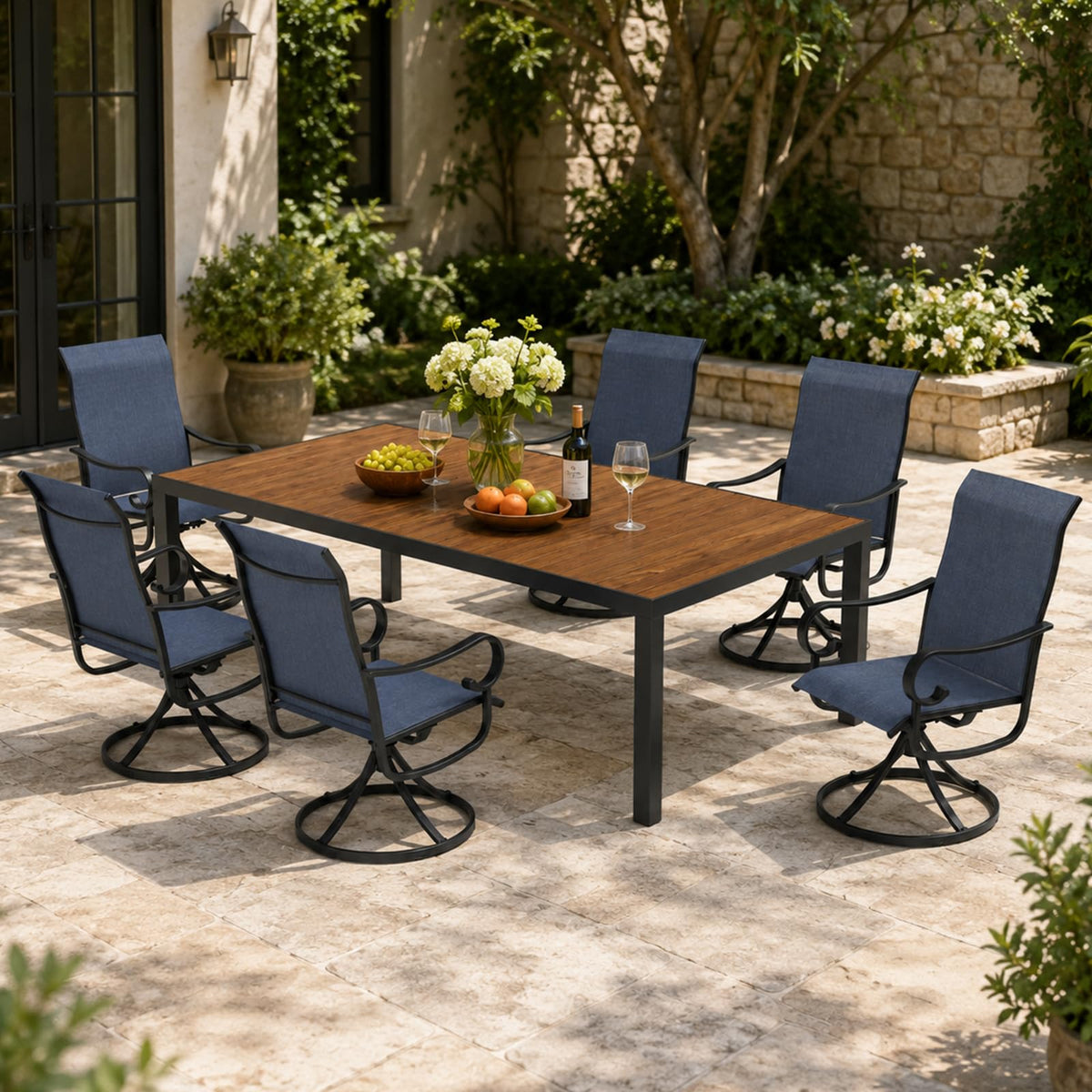 Redpick Patio Swivel Chairs Set of 6, Outdoor Dining Chairs with High Back, All-Weather Swivel Rocker Chair with Sturdy Metal Frame for Outdoor Poolside Lawn Garden, Navy Blue