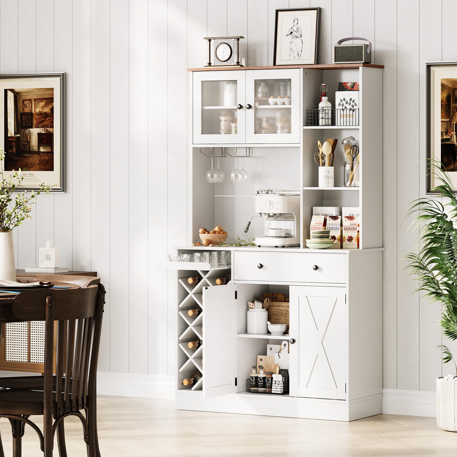 Hetoy 72" Tall Kitchen Pantry Cabinet with Power Outlet – Barn Doors, Wine Bottle Rack & Ample Storage – Modern Sideboard Buffet for Dining Room, Kitchen, or Home Bar
