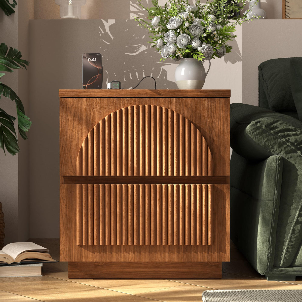 Yechen Fluted Nightstand with Charging Station, 2 Drawers, Walnut