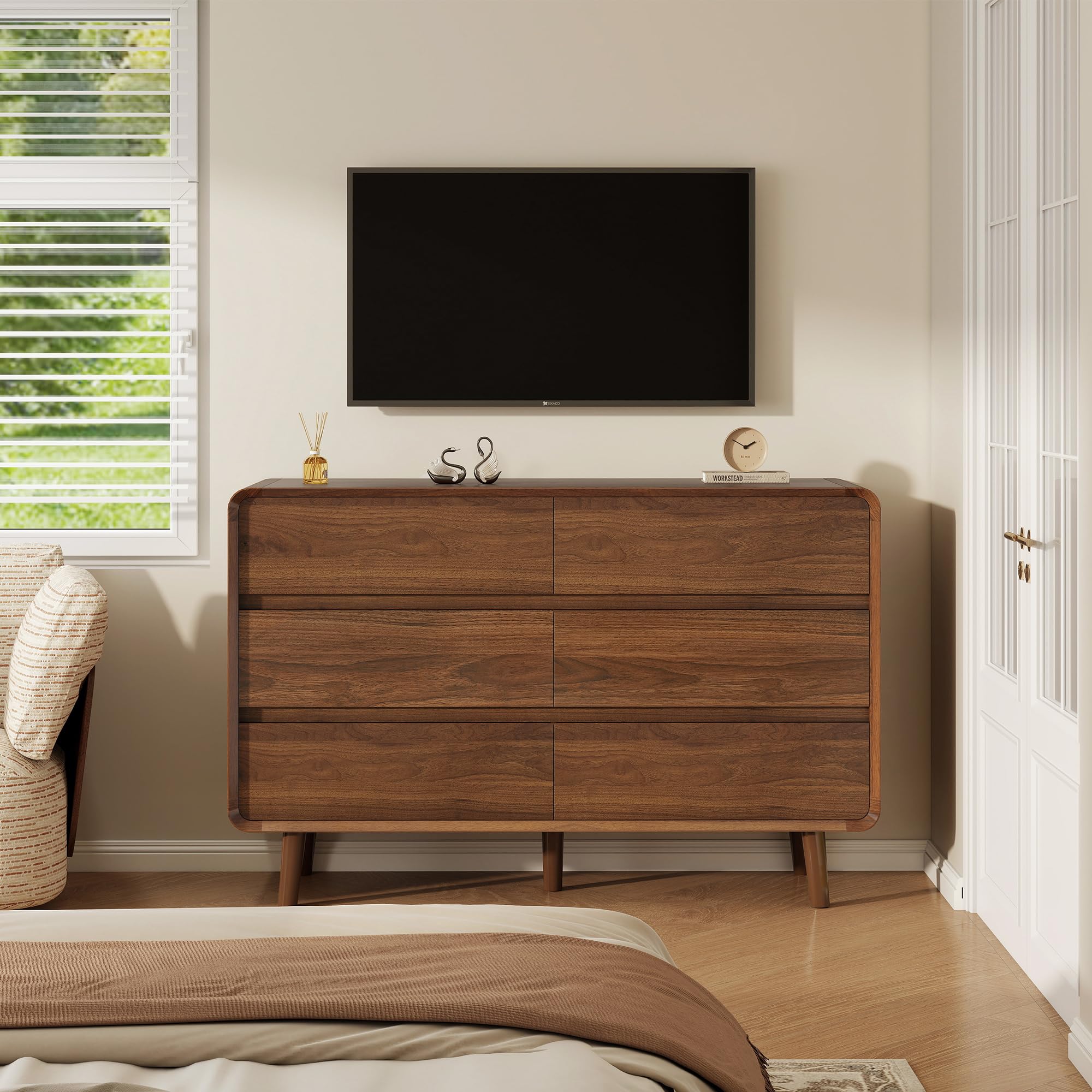 Nasonet Mid Century Modern Dresser for Bedroom, 47'' Wide Dressers & Chests of Drawers with 6 Storage Drawers, Wood TV Stand Dresser for Closet, Walnut