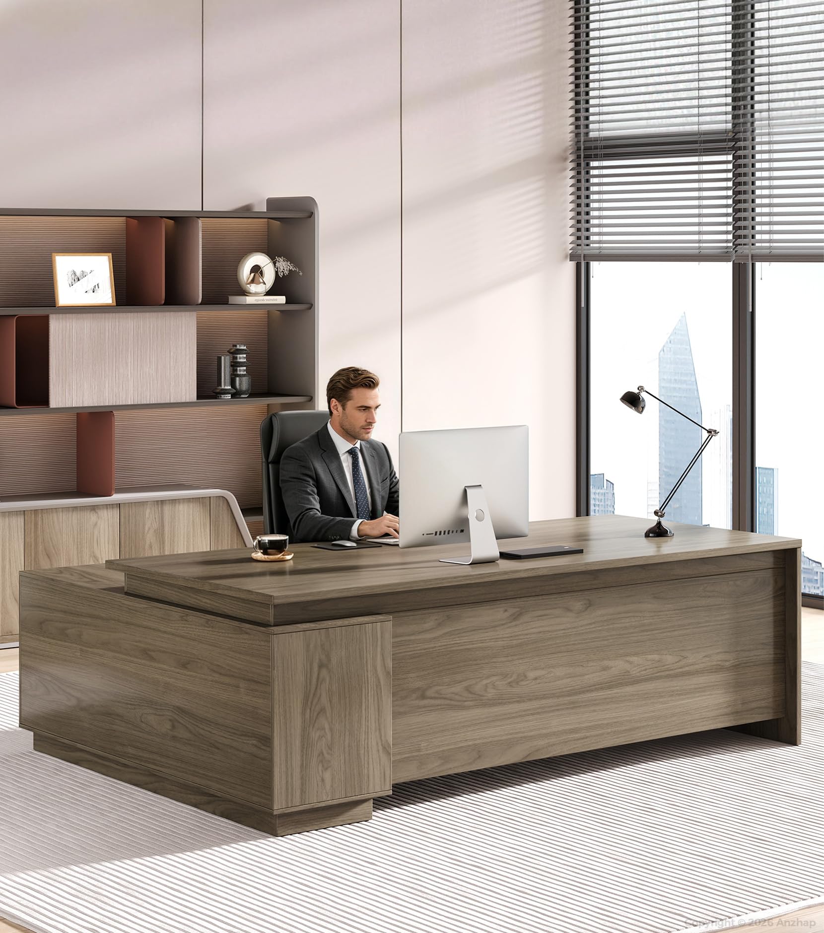L-Shaped Executive Desk with Power Outlets & USB Ports