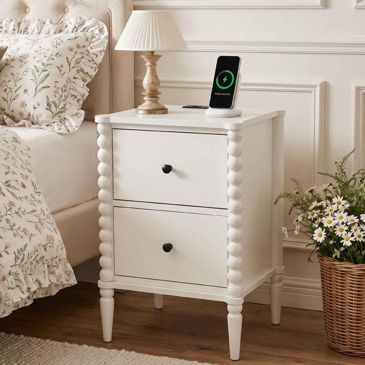 White Charging Nightstand with 2 Drawers