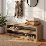 Tribesigns 55" Farmhouse Entryway Bench, 3-Tier Open Storage Shoe Bench with Rounded Corners, Wood Look Indoor End of Bed Seat for Entrance, Hallway, Foyer, Bedroom (Walnut Brown)