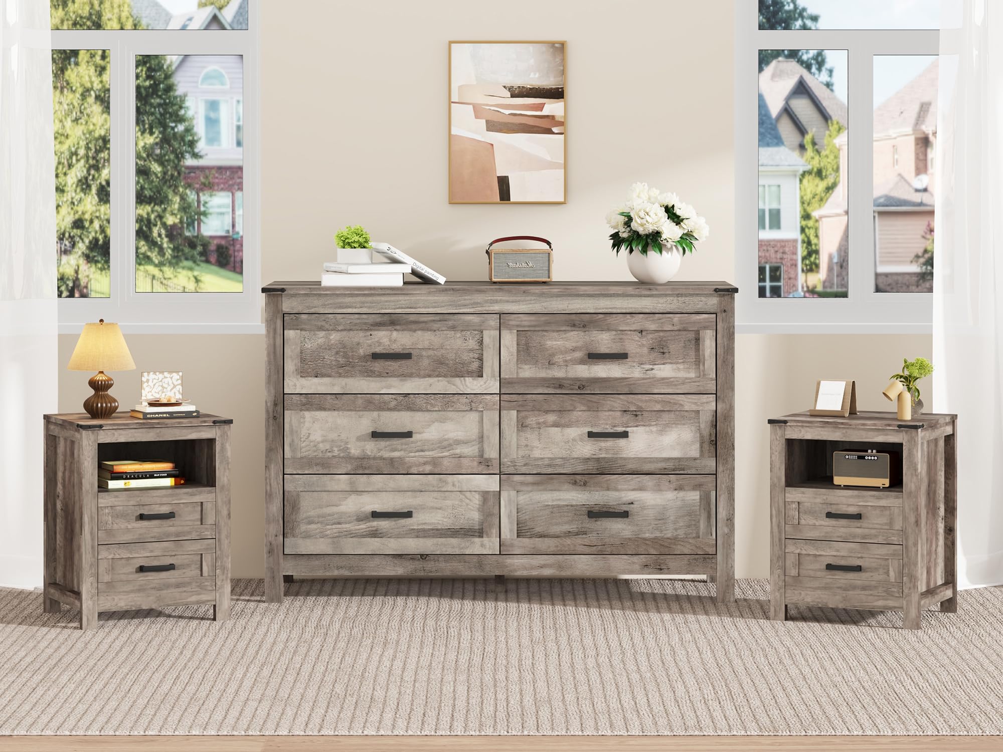 EazeHome 3 Piece Farmhouse Bedroom Furniture Set, 47.2" Wide Dresser with 6 Drawers, 2 Drawer Nightstand Set of 2, Retro Dressers and Nightstand Sets for Bedroom, Hallway, Antique Gray