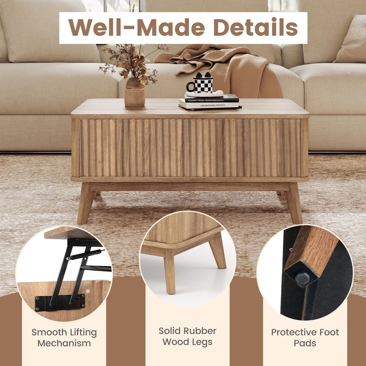 GIANTEX Lift Top Coffee Table with Storage, 35.5" Mid Century Modern Center Table with Solid Wood Leg & Hidden Compartment, Minimalist Fluted Living Room Table for Home Office, Oak