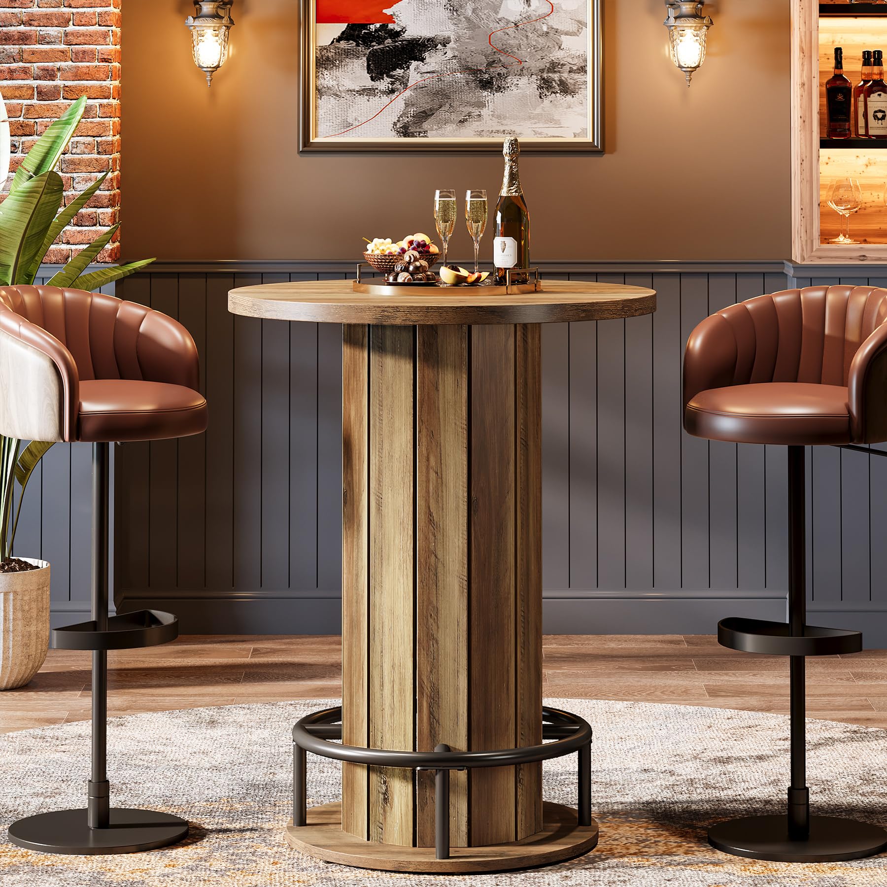 Round Farmhouse Bar Table with Footrest