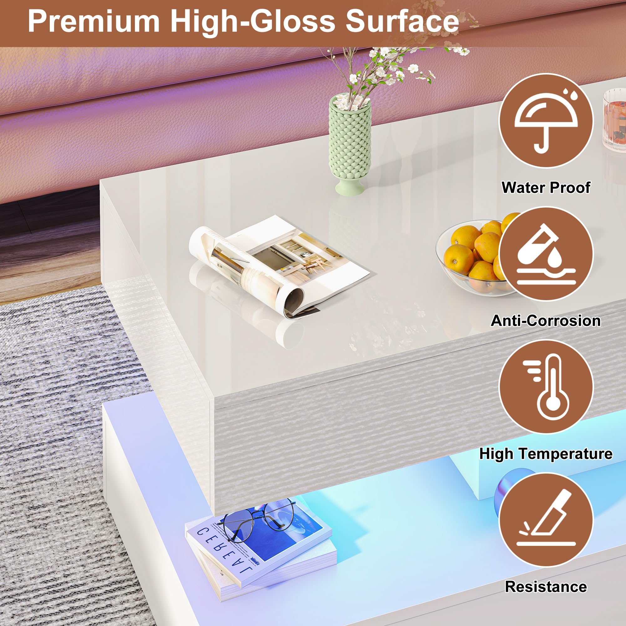 47.2" Modern High Glossy LED Coffee Table with 2 Sliding Storage Drawers, White Living Room Tables for Living Rooms,Dining Room,Bedroom Home Office,APP LED Lights(White)