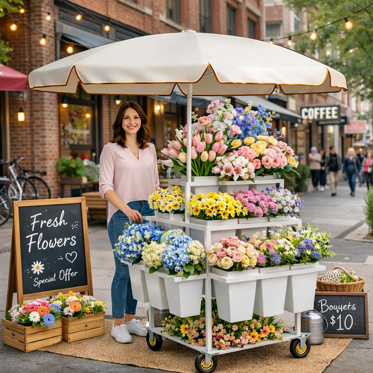 FEFZSFER Heavy Duty Flower Cart Display Stand with Umbrella, Rolling Flower Cart with 18 Buckets,Flower Carts with Wheels For Flower Shops, Markets, Events (White)