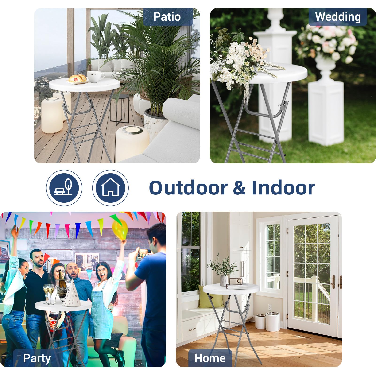 Byliable Cocktail Table 28in Folding Round High Top Indoor Outdoor with Removable Legs, Tall Bistro Foldable Bar Height Table for Parties, Patio, Backyard, Dining, Wedding, White- 2PCS
