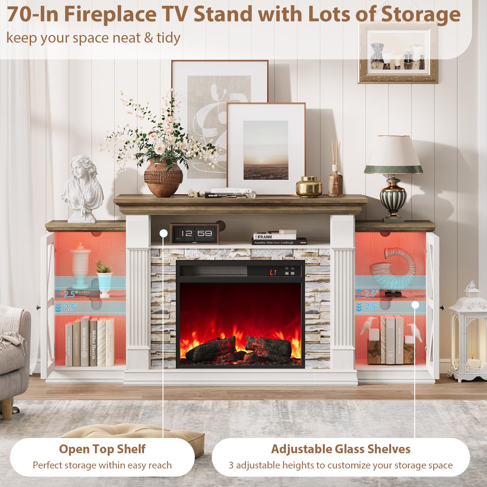 70" Electric Fireplace TV Stand with Glass Barn Doors