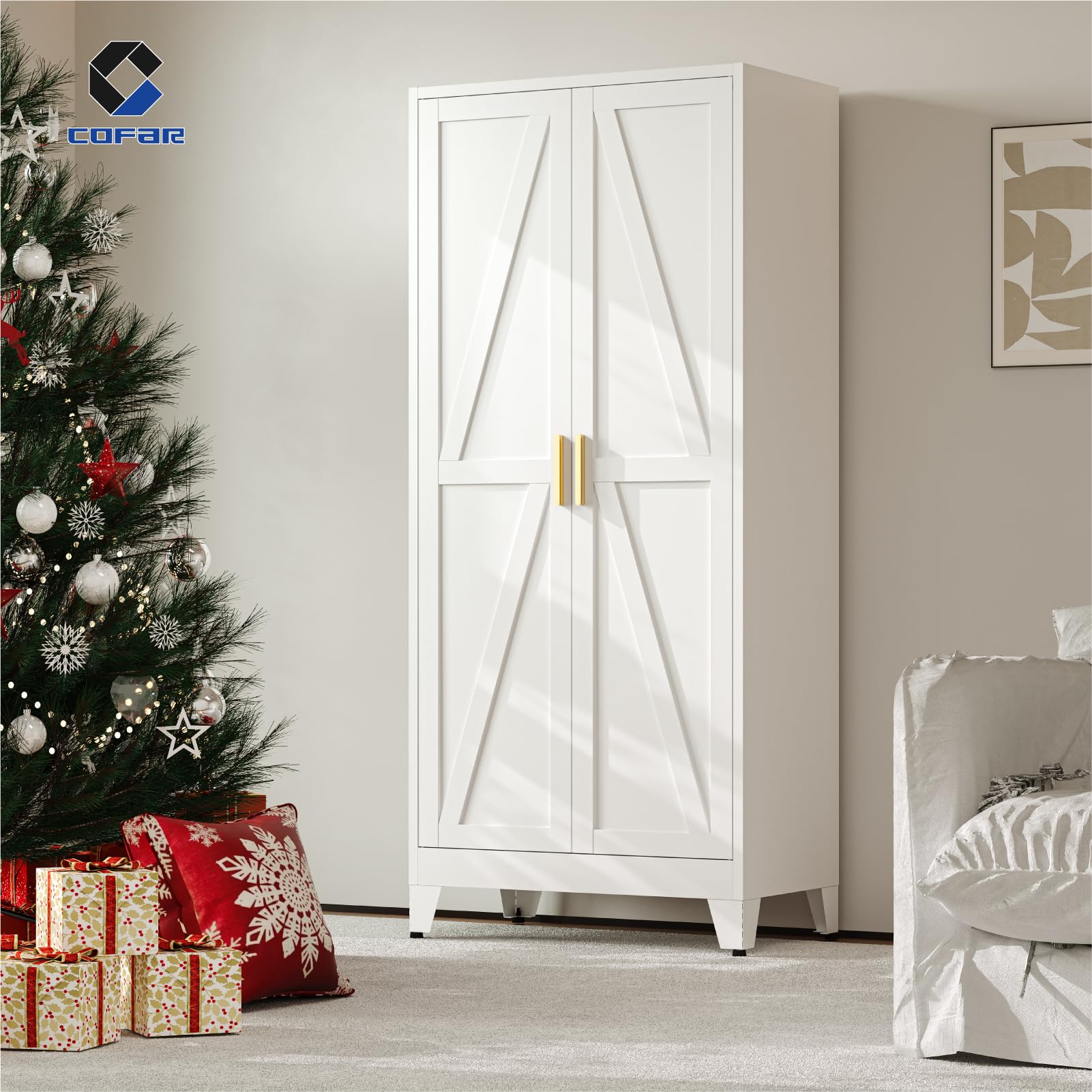COFaR 71'' Metal Wardrobe Closet, Bedroom Armoire Cabinet with Adjustable Hanging Rod and Shelves, 2 Doors Farmhouse Closet Storage for Garage Laundry, White Roperos para Guardar Ropa