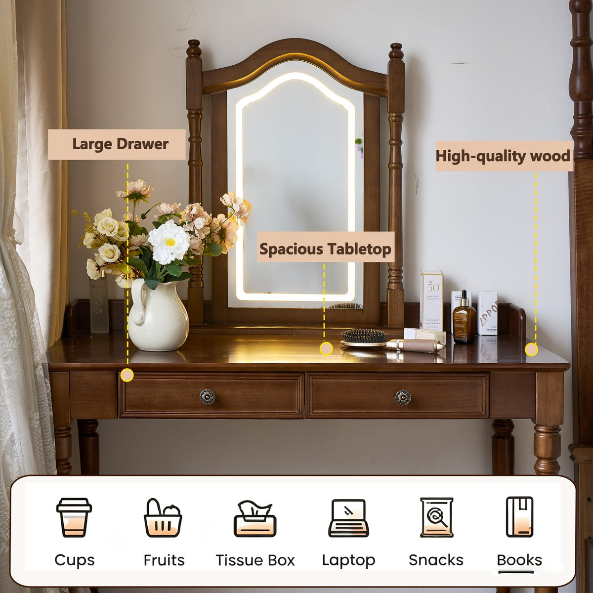 SUSVQLXG 43.7"×22“ Makeup Vanity Desk with 2 Drawers and Smart LED Mirror,Antique Small Vanity Table for Bedroom with Touch-Dimmable and Adjustable-Height Mirror