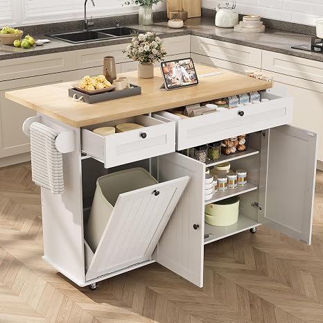Rolling Kitchen Island with Extendable Drop Leaf Table & Power Outlet