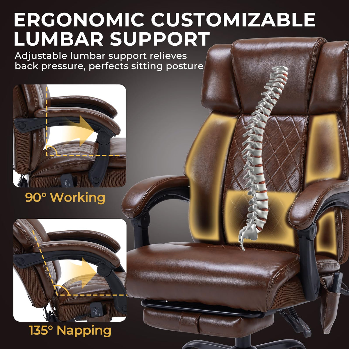 Massage Office Chair with Foot Rest and Heating, Executive Ergonomic Reclining Leather Office Chair, Big and Tall Desk Chair with Vibration Massager, Computer Gaming Chair for Home & Office Brown