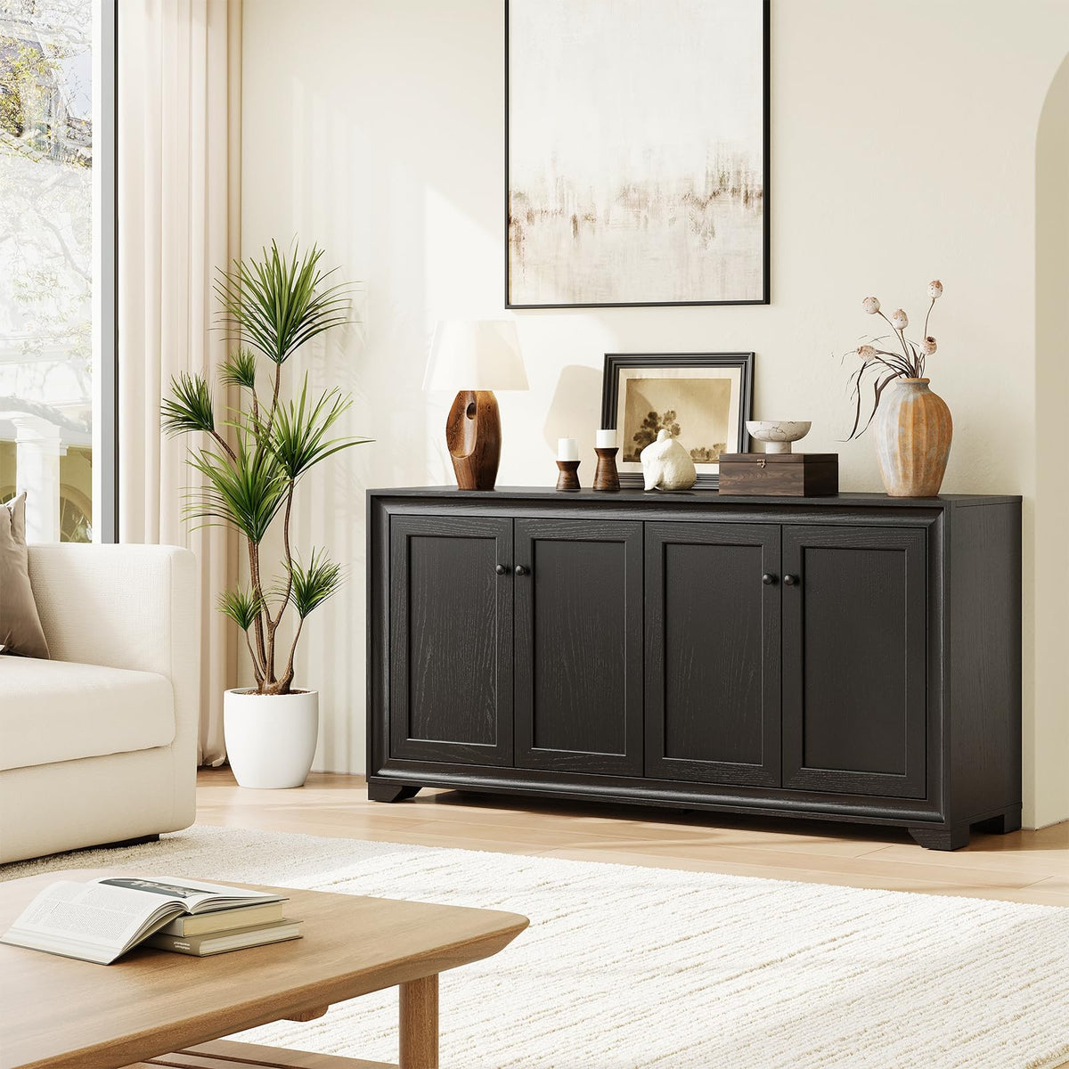 ONBRILL 60" Buffet Cabinet with Storage, 4 Doors & Adjustable Shelves Black