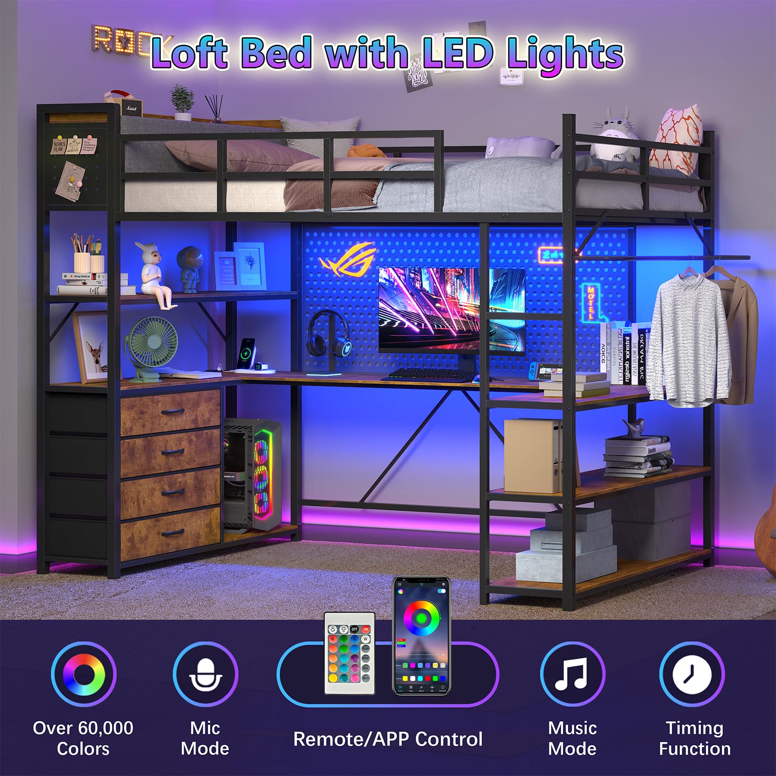 Twin Loft Bed with Storage, Desk & LED Lights