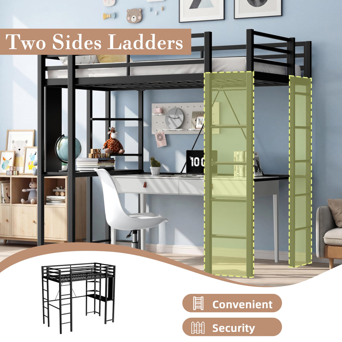Metal Loft Bed with Desk and Shelves