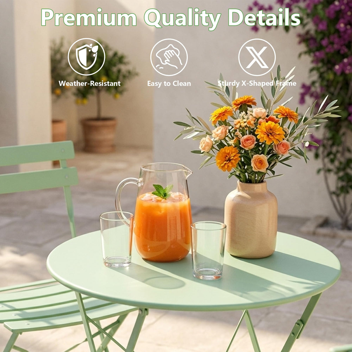 Bistro Table and Chairs Set of 2, 3 Piece Folding Patio Bistro Set, Weather-Resistant Steel Frame, No Assembly Needed, Indoor & Outdoor Patio Furniture Set for Garden, Yard, Balcony, Green