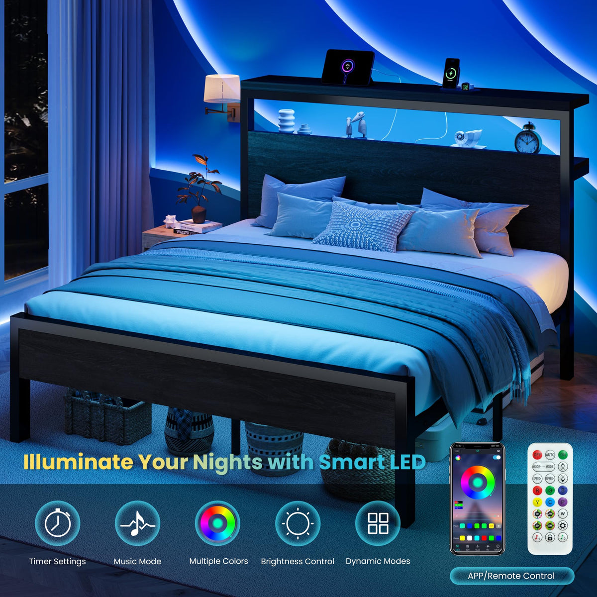 SHA CERLIN Queen Bed Frame, 2-Tier Storage Headboard, LED, Charging Station