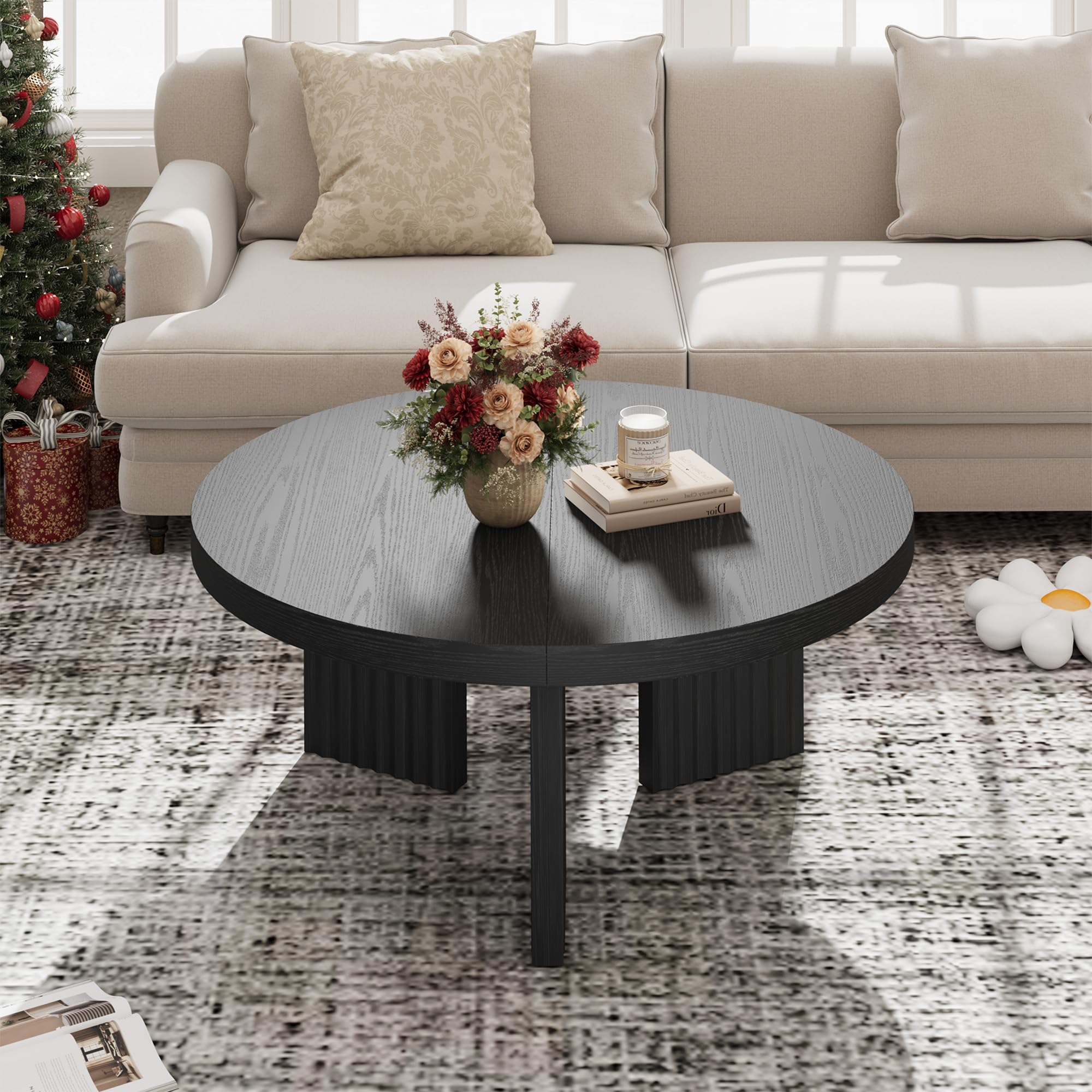 Garvee 33.5" Round Coffee Table, Circle Center Table with Fluted Legs & 1.3" Thick Top, Accent Sofa Tables for Living Room, Bedroom, Easy Assembly, Black