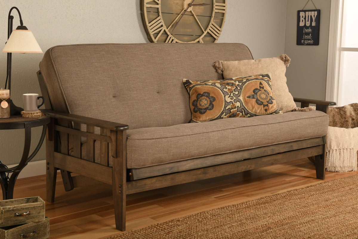 Kodiak Furniture Tucson Futon Set in Rustic Walnut Finish with Linen Stone Mattress, Full