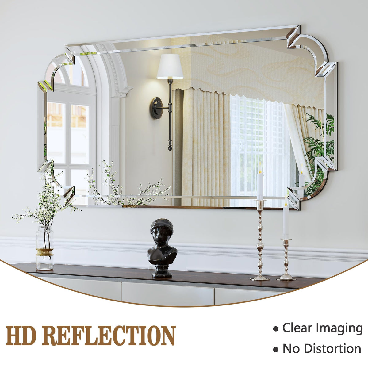 Chende Large Full Length Mirror, 59''x30'' Frameless Beveled Mirrors for Bathroom Vanity, Modern Decorative Mirror with Scalloped Glass Frame for Living Room, Dining Room, Entryway