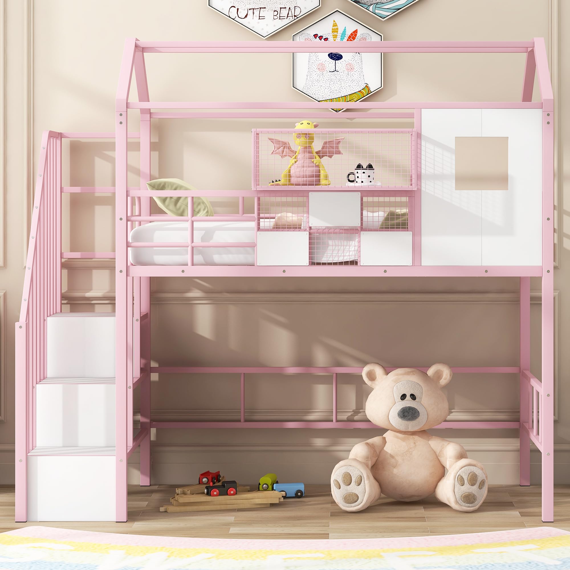 Twin Size House Loft Bed with Stairs & Storage