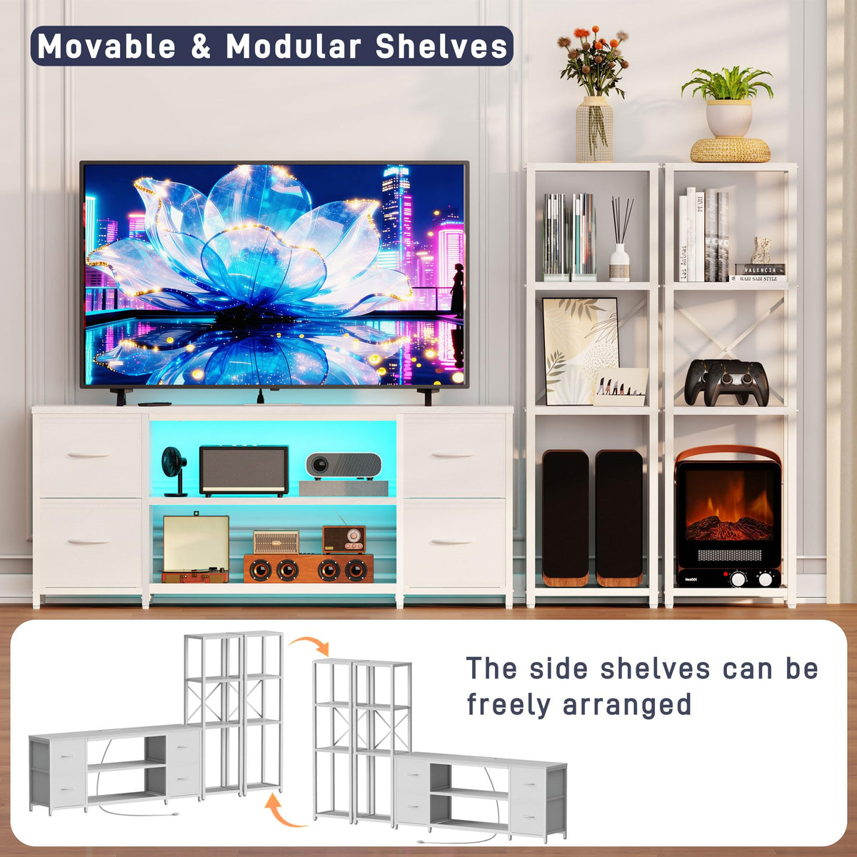 LED TV Stand Entertainment Center Bookshelf Combo with Charging Station