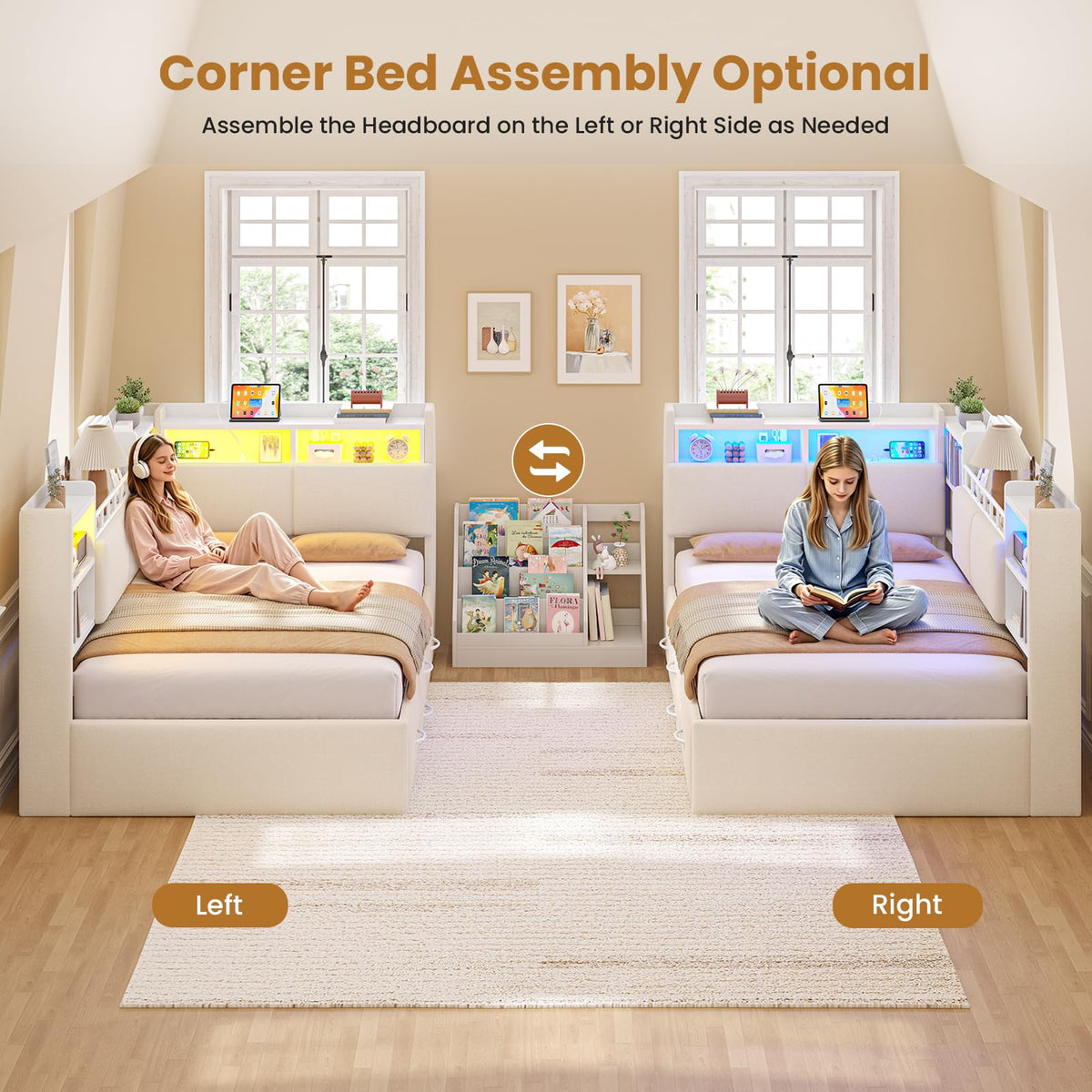 Twin Corner Bed Frame with Bookcase Headboard, 4 Storage Drawers, Beige