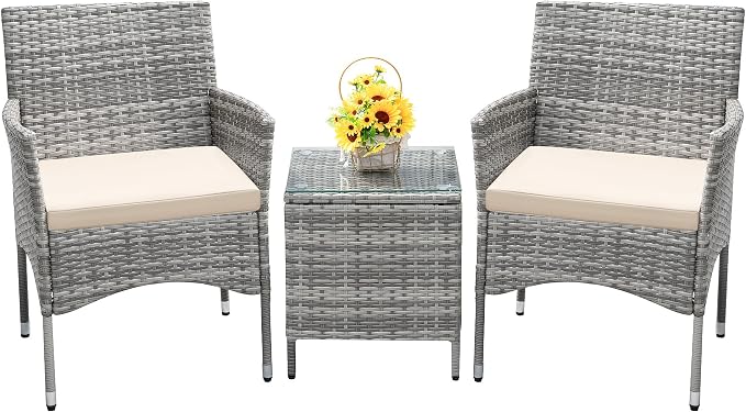 3 Piece Wicker Patio Conversation Set, Brown/Beige