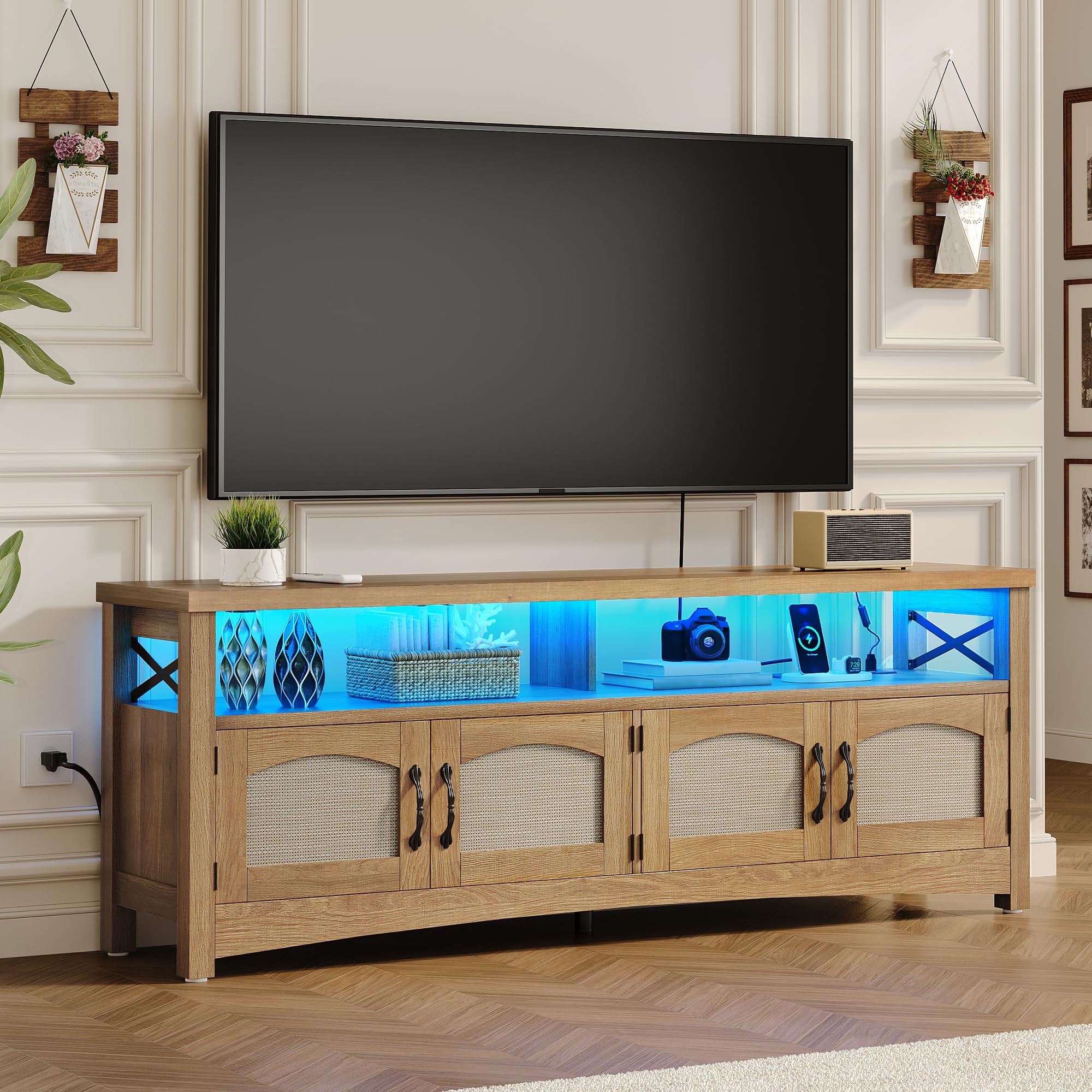 Farmhouse TV Stand with LED Lighting & Storage – 59" Oak
