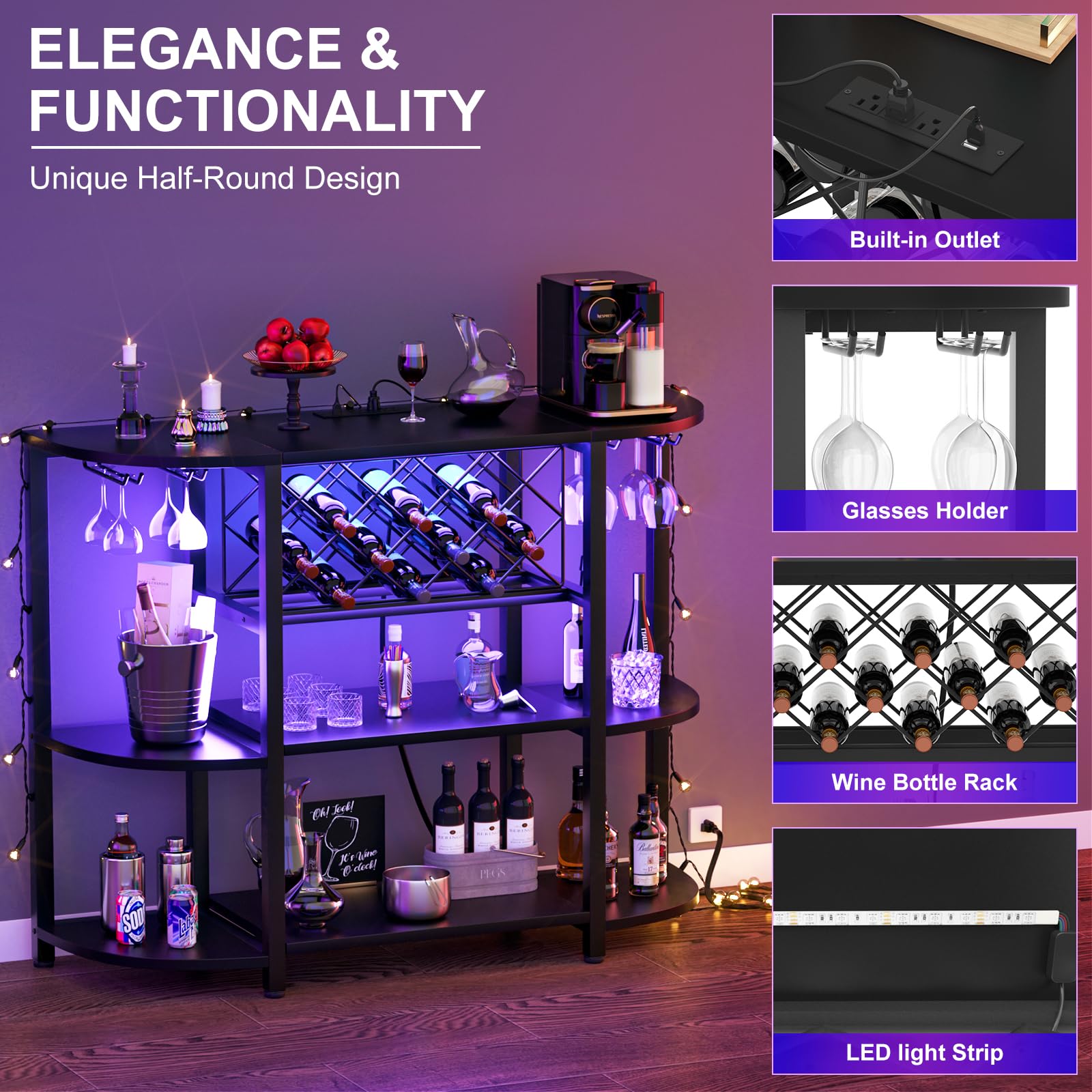 Bar Cabinet with LED Lights & Power Outlets – 4-Tier