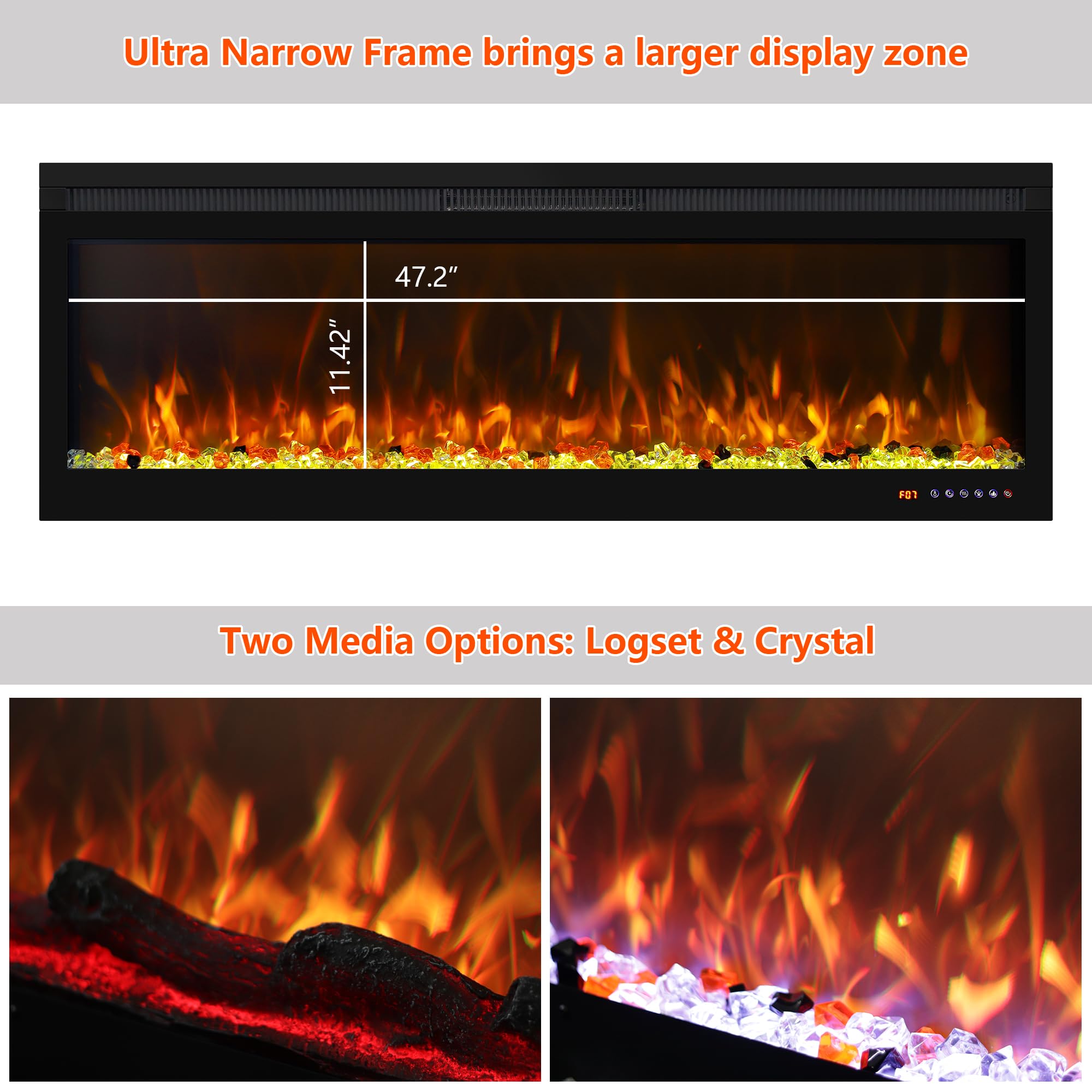 Oxhark Flame 50 Inch Smart Electric Fireplace Insert with Heater, Recessed or Wall Mounted, Remote and App Control, 9H Timer, Adjustable Realistic Flame Effects, 1500W Heater