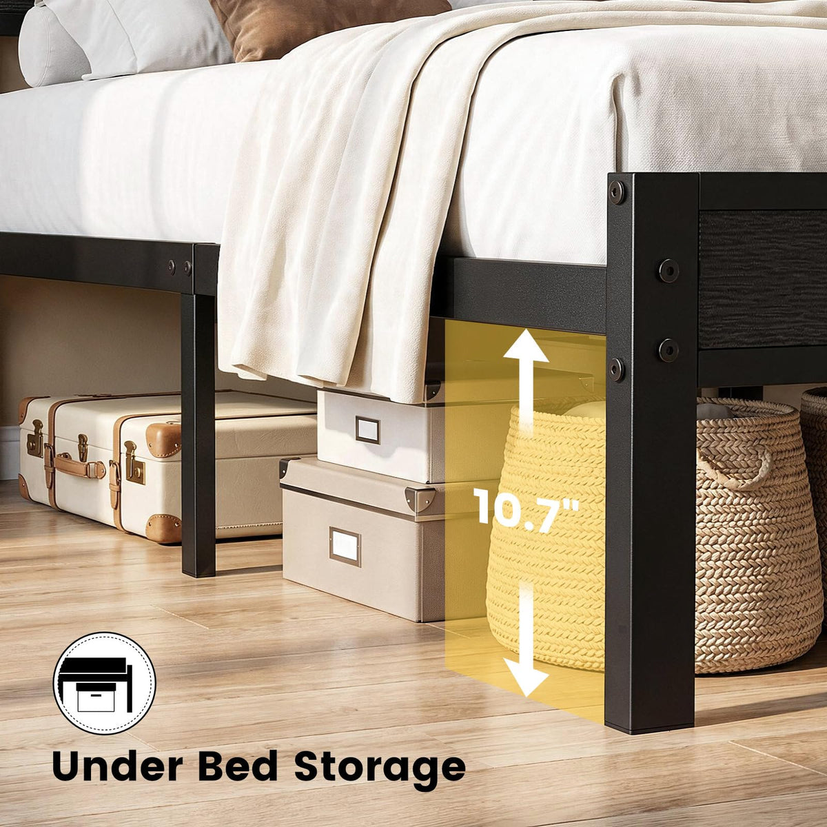 Kbun Full Size Bed Frame with 2 Fabric Drawers and Storage Headboard