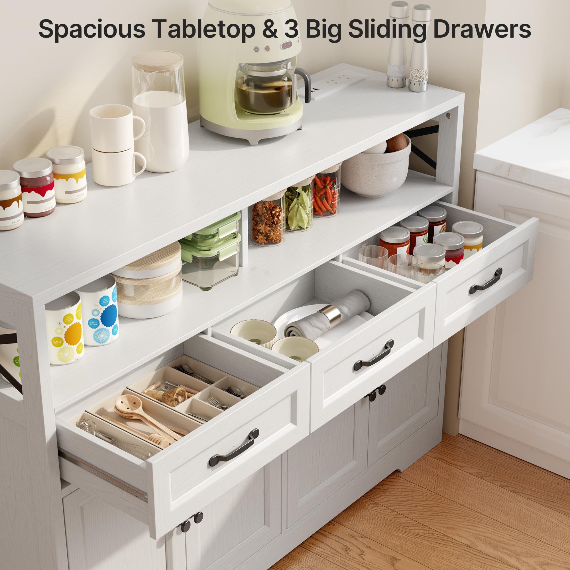 Ahomly 51" Buffet Cabinet with Adjustable Storage, Charging Port - 3 Drawers & 4 Doors Large Sideboard, Multi - Scene Coffee Bar/Microwave Stand for Kitchen,Living Room,Entryway（White）