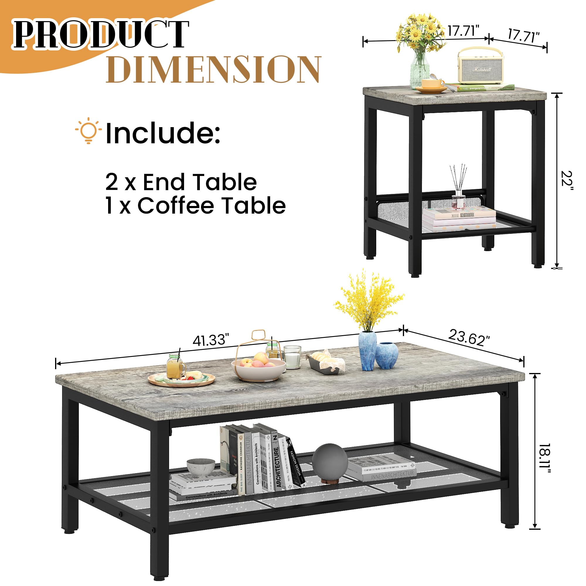 Industrial 3-Piece Coffee Table Set with 2 End Tables